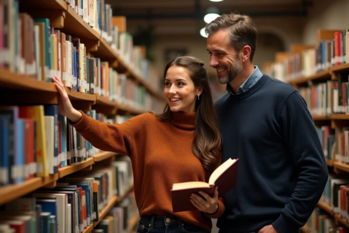 Couple complice feuilletant des livres dans une librairie indépendante, évoquant la vie partagée et discrète d'une personnalité et son mari