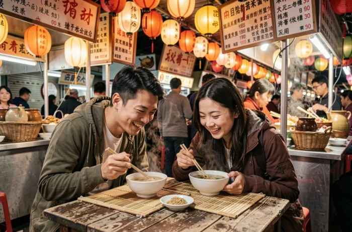 Couple de voyageurs dégustant un repas de rue traditionnel dans un marché nocturne animé en Asie lors d'un voyage culturel inoubliable