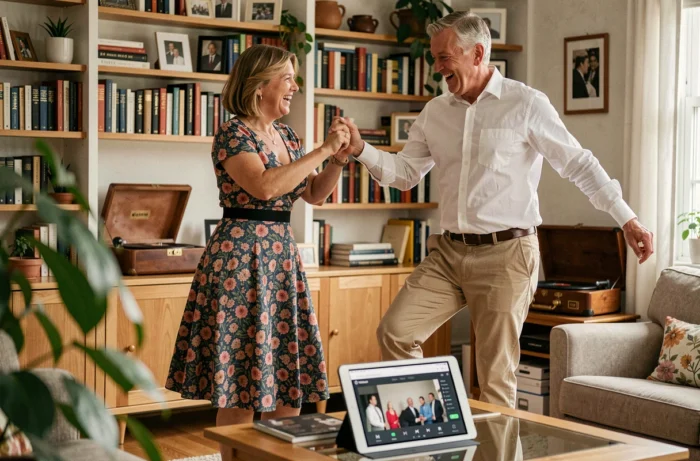 Couple pratiquant les pas du madison dans un salon cosy avec une playlist musicale sur tablette