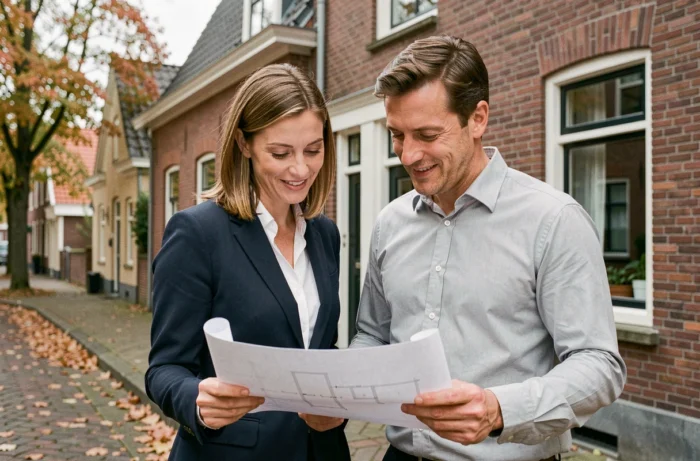 Couple examinant les plans architecturaux devant une maison en briques rouges à Bruxelles pour un projet immobilier en Belgique