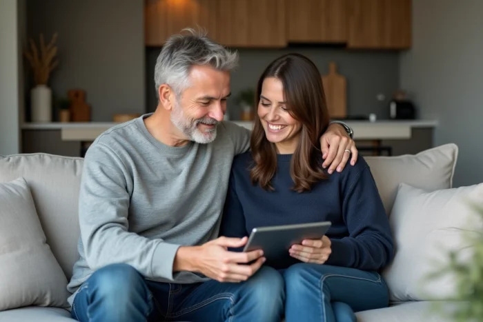 Couple recherchant une maison à acheter en ligne sur une tablette dans leur salon