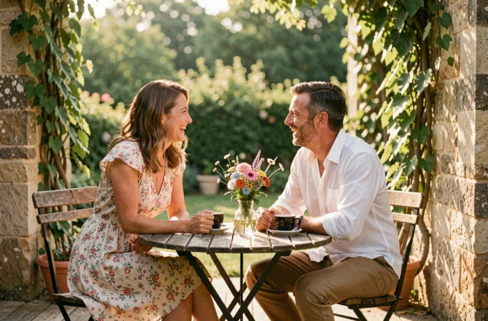 Couple complice partageant un moment de détente sur une terrasse en pierre entourée de végétation, illustration vie privée et relation amoureuse