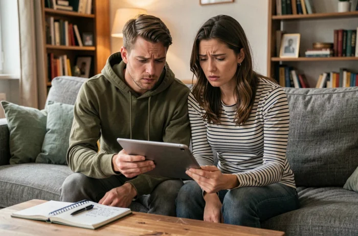 Couple examinant ensemble une demande de paiement suspecte sur tablette pour éviter une arnaque Leboncoin
