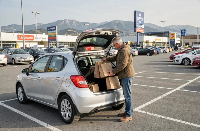 Couple chargeant des achats dans leur voiture dans le parking de la zone commerciale de La Jonquera