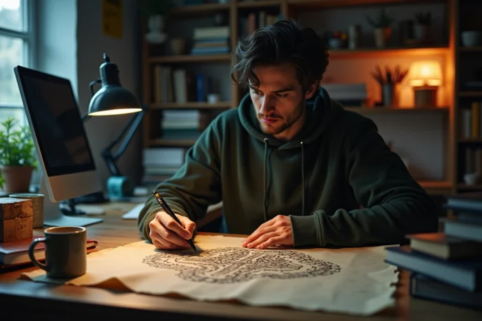Jeune homme créant une carte de donjon dessinée à la main pour une campagne de jeu de rôle