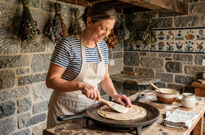 Crêpière bretonne préparant une galette de sarrasin sur un billig en fonte dans une crêperie traditionnelle en Bretagne