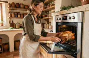 Femme enfournant un poulet rôti dans un four réglé à 180 degrés dans une cuisine provençale