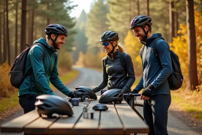 Groupe de cyclistes comparant casques et GPS vélo sur un sentier forestier en plein air