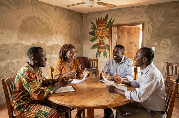 Groupe d'adultes béninois en tenue traditionnelle discutant autour d'une table dans une salle communautaire, représentant le débat public autour de la traduction polémique kayakobeme