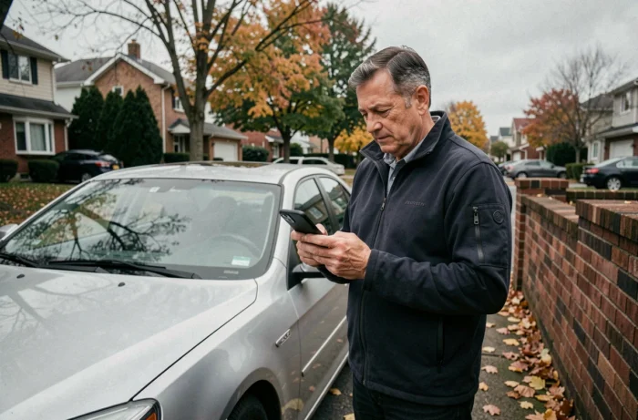 Homme consultant son smartphone pour effectuer une déclaration de cession de véhicule devant sa voiture dans une allée résidentielle