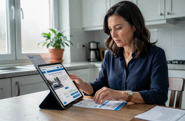 Femme utilisant une tablette pour remplir une déclaration de cession de véhicule avec les papiers du véhicule posés sur la table