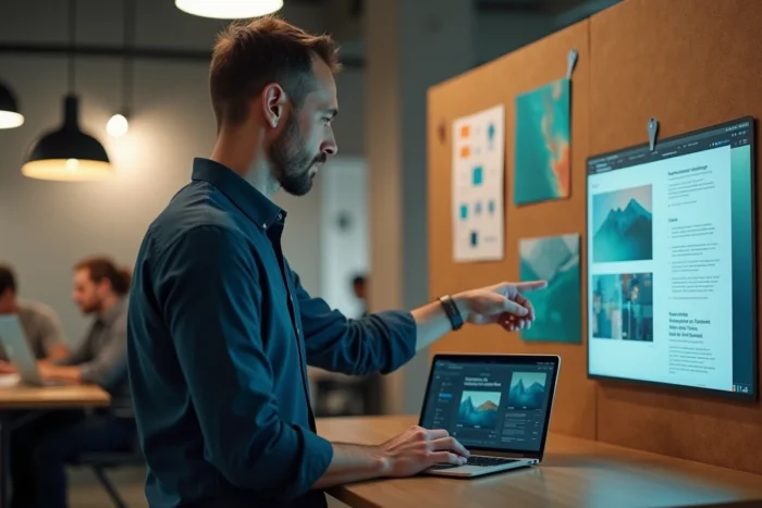 Homme développeur web travaillant sur une maquette de site dans un espace de coworking avec tableau de moodboard