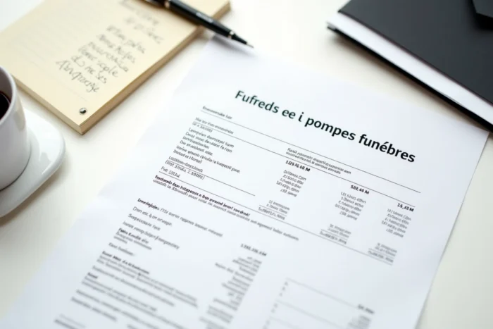 Devis de pompes funèbres et documents administratifs pour une inhumation posés sur un bureau blanc