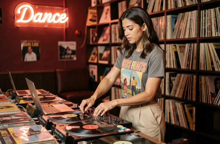 DJ femme sélectionnant de la musique pour une soirée dansante sur vinyle dans une salle rétro
