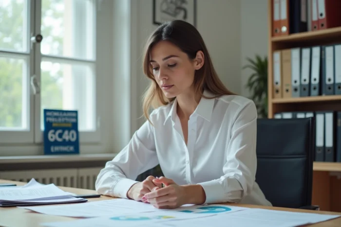 Femme examinant les dossiers administratifs pour l'homologation d'un trike dans un bureau officiel en France