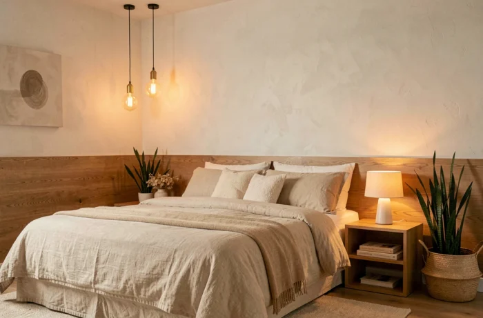 Chambre avec éclairage calqué sur le cycle circadien, ampoules ambre et lampe de chevet à spectre chaud