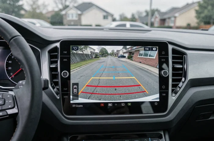 Écran d'infotainment de Volkswagen T-Roc affichant une caméra de recul HD avec lignes de guidage dynamiques, intérieur habitacle moderne 2026