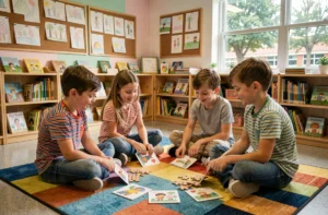 Groupe d'enfants en âge scolaire assis en cercle dans une salle de classe colorée, participant à une activité coopérative avec des cartes illustrées et des puzzles en bois