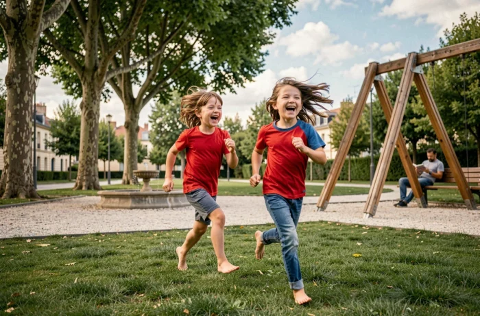 Deux enfants courant et riant dans un parc urbain aménagé en France, jouant librement près d'une structure de jeu en bois entourée d'arbres