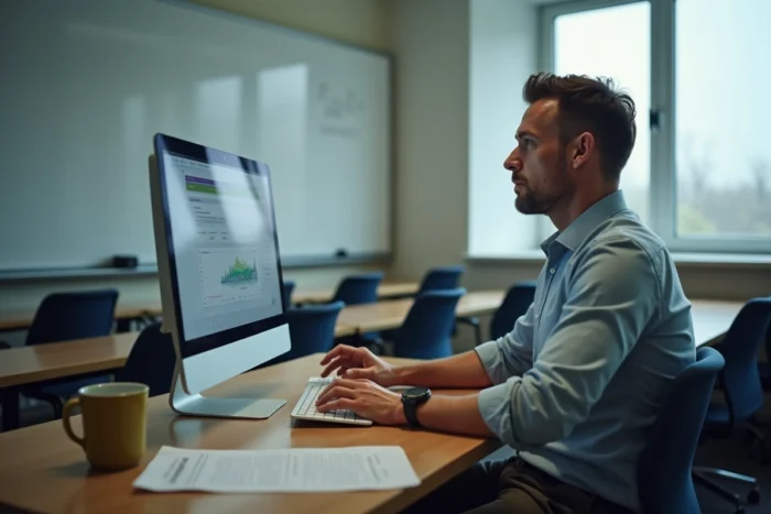 Enseignant consultant l'espace numérique de travail ENT sur ordinateur dans une salle de classe vide
