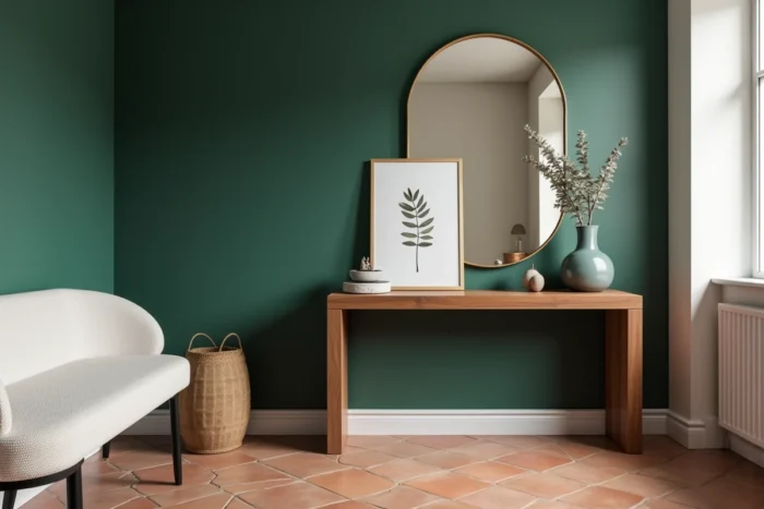 Entrée de maison tendance avec banquette bouclé, console en noyer, mur vert forêt et carrelage hexagonal en terre cuite