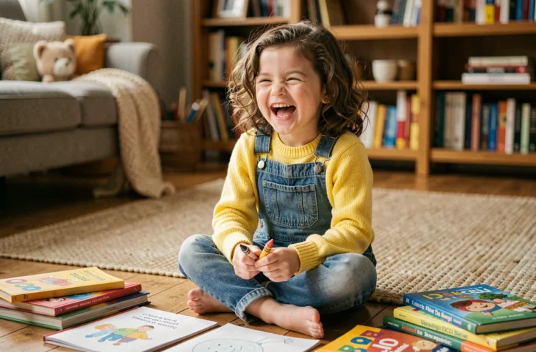 Jeune fille épanouie assise sur le sol en train de dessiner et de rire dans un salon chaleureux et familial