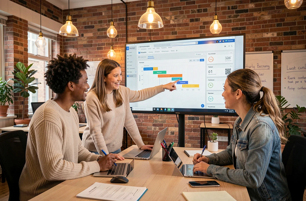 Équipe de consultants collaborant autour d'un outil de pilotage de projet digital dans un espace de travail moderne et ouvert
