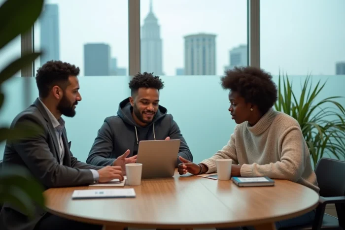 Équipe de professionnels collaborant sur une stratégie de présence web numérique autour d'une table de réunion moderne