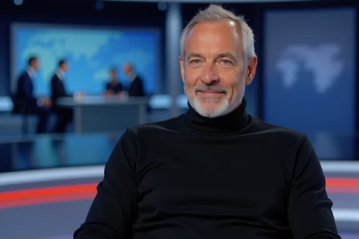 Portrait d'un commentateur politique français assis en studio de télévision portant un col roulé noir, illustration de la silhouette et des mensurations d'Éric Zemmour