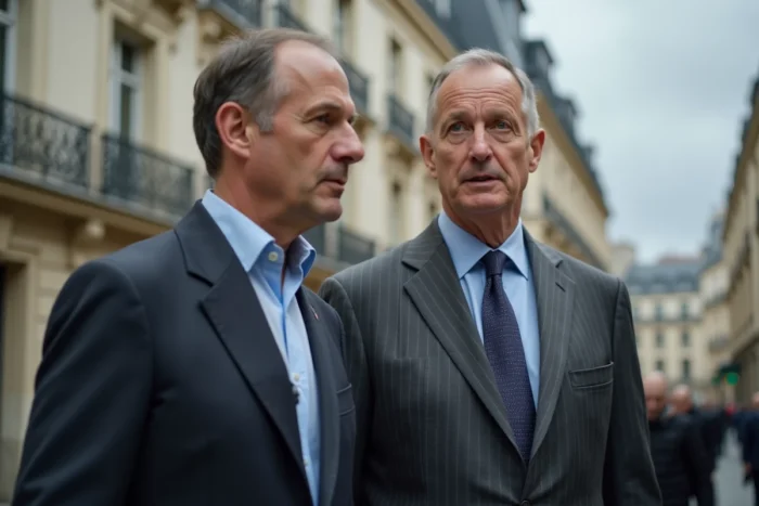 Homme politique français de petite taille en costume gris comparé à un interlocuteur plus grand lors d'un événement en plein air à Paris, illustrant la stature réelle d'Éric Zemmour