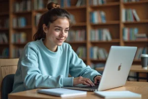 Étudiante connectée à l'ENT sur un ordinateur portable dans une bibliothèque universitaire moderne