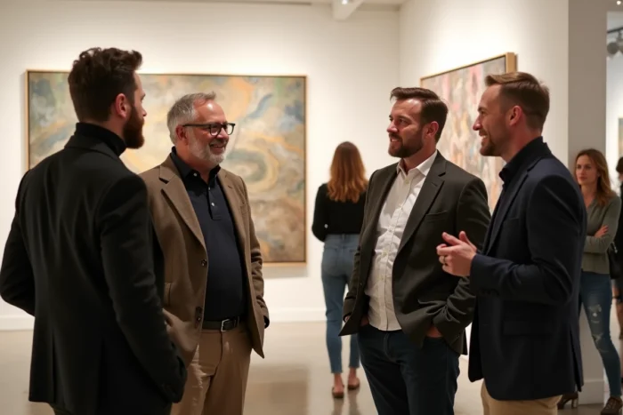 Groupe d'amis profitant d'un vernissage dans une galerie d'art contemporaine lors d'une sortie culturelle