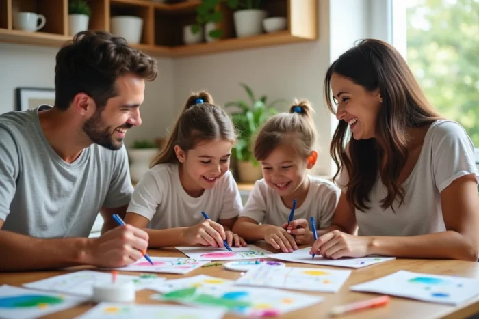 Famille multiculturelle réalisant ensemble des cartes de bonnes vacances faites main autour d'une table de cuisine lumineuse et colorée