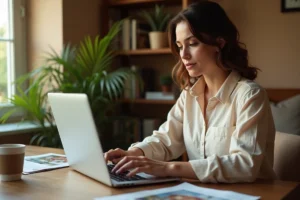Femme consultant des annonces immobilières en ligne sur un ordinateur portable dans un bureau à domicile