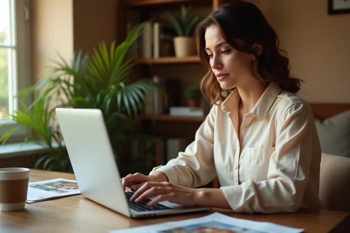 Femme consultant des annonces immobilières en ligne sur un ordinateur portable dans un bureau à domicile