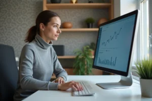 Femme professionnelle analysant les statistiques de son site web sur un écran d'ordinateur dans un bureau moderne en 2024