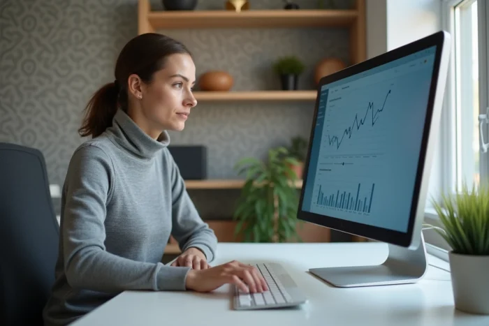Femme professionnelle analysant les statistiques de son site web sur un écran d'ordinateur dans un bureau moderne en 2024
