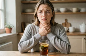 Jeune femme souffrant d'angine herpétique tenant sa gorge avec une tasse de tisane chaude sur une table en bois