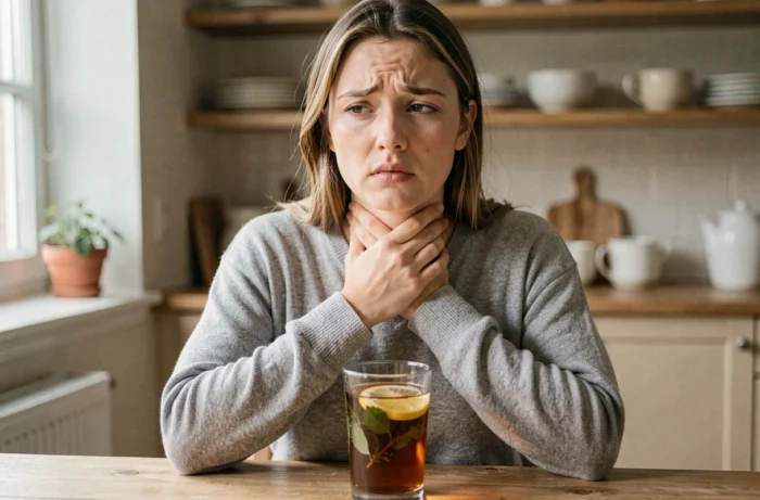 Jeune femme souffrant d'angine herpétique tenant sa gorge avec une tasse de tisane chaude sur une table en bois