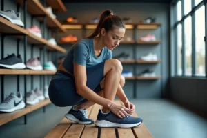 Femme athlète inspectant des chaussures de running dans un magasin de sport professionnel