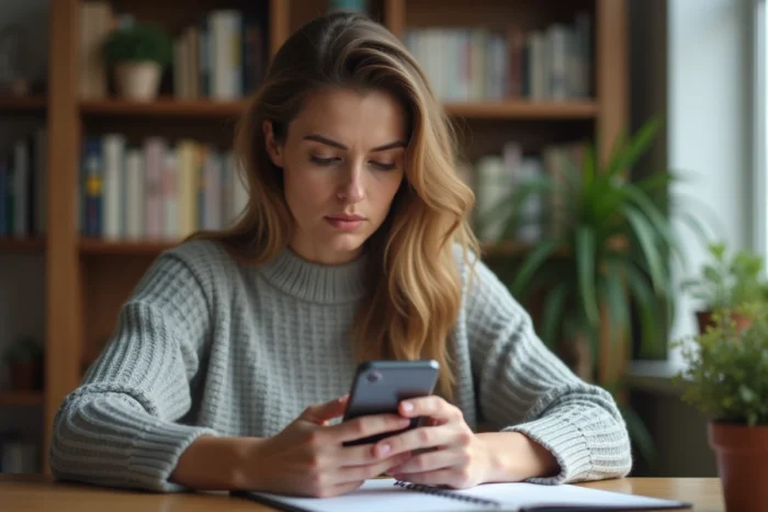 Femme consultant des avis sur les réseaux sociaux à propos de Gadrov sur son smartphone avec une expression dubitative