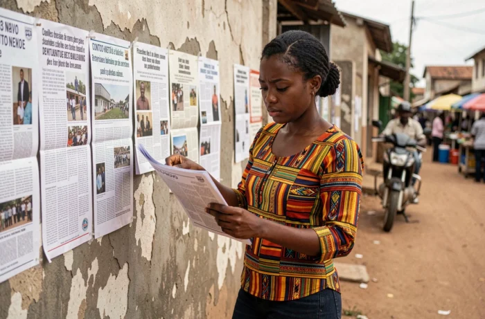 Jeune femme béninoise lisant des affiches en français collées sur un mur urbain à Porto-Novo, symbolisant la controverse linguistique et culturelle du terme kayakobeme au Bénin