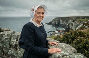 Femme bretonne en costume traditionnel avec coiffe en dentelle sur les falaises sauvages de la côte bretonne