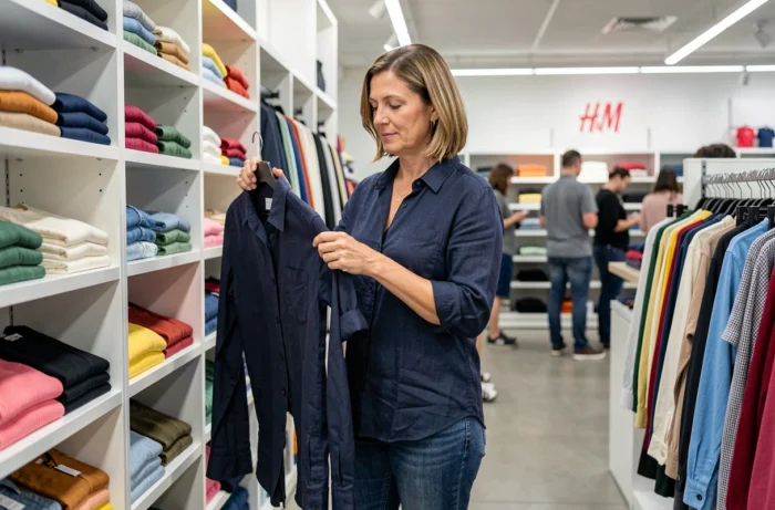 Femme vérifiant la taille d'un vêtement H&M en magasin en le tenant devant elle pour estimer le bon fitting