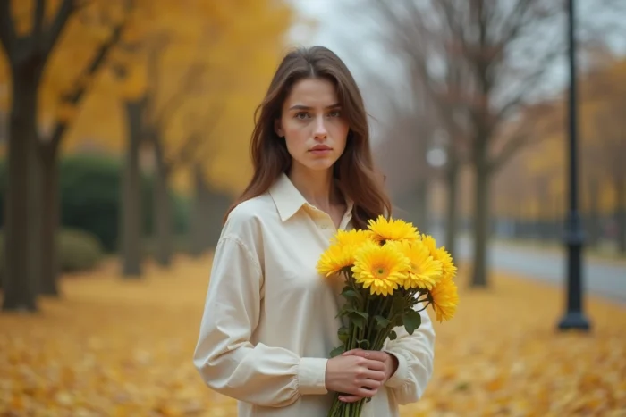 Femme tenant des chrysanthèmes jaunes symboles de trahison dans un parc en automne