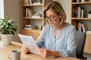 Femme consultant des documents de mutuelle santé à son bureau à domicile pour comprendre les étapes d'adhésion