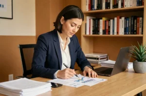 Femme consultant des documents de crédit immobilier dans un bureau à domicile moderne
