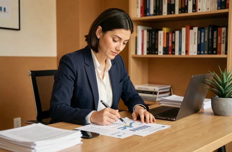 Femme consultant des documents de crédit immobilier dans un bureau à domicile moderne