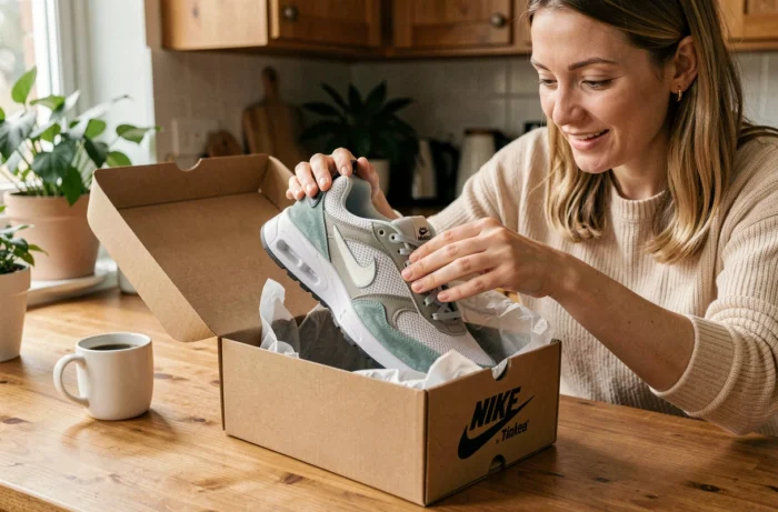 Femme déballant une paire de sneakers commandée en ligne à une table en bois, boîte ouverte avec papier de soie, ambiance intérieure chaleureuse et authentique