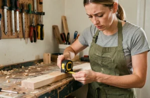 Femme débutante en bricolage mesurant une planche en bois dans un atelier domestique modeste
